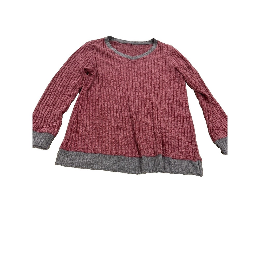 Women's L Ribbed Knit Long Sleeve Tunic Sweater Burgundy Gray Contrast Hem